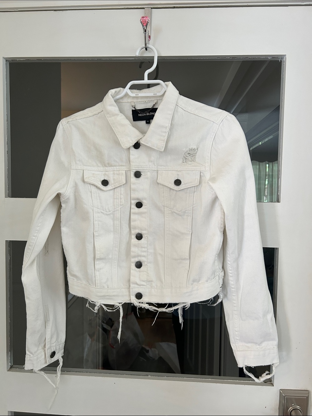 NEON BLONDE White Cropped Distressed Denim Jacket